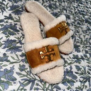 Tory Burch Camel and Cream Shearling Slides